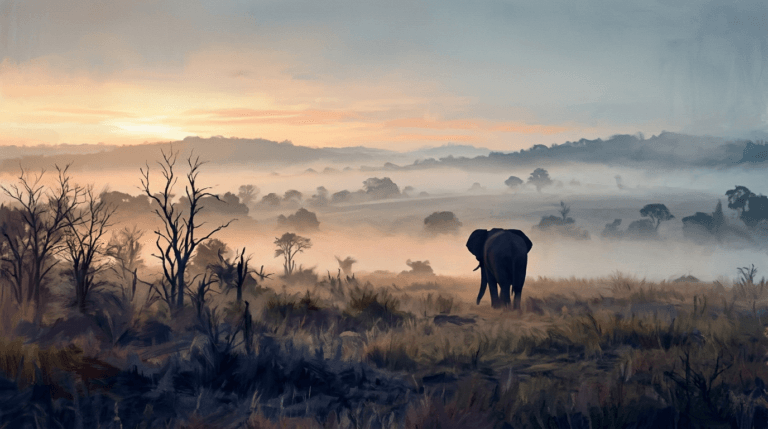 Elephant standing on grassy savanna with mist and distant trees at sunrise