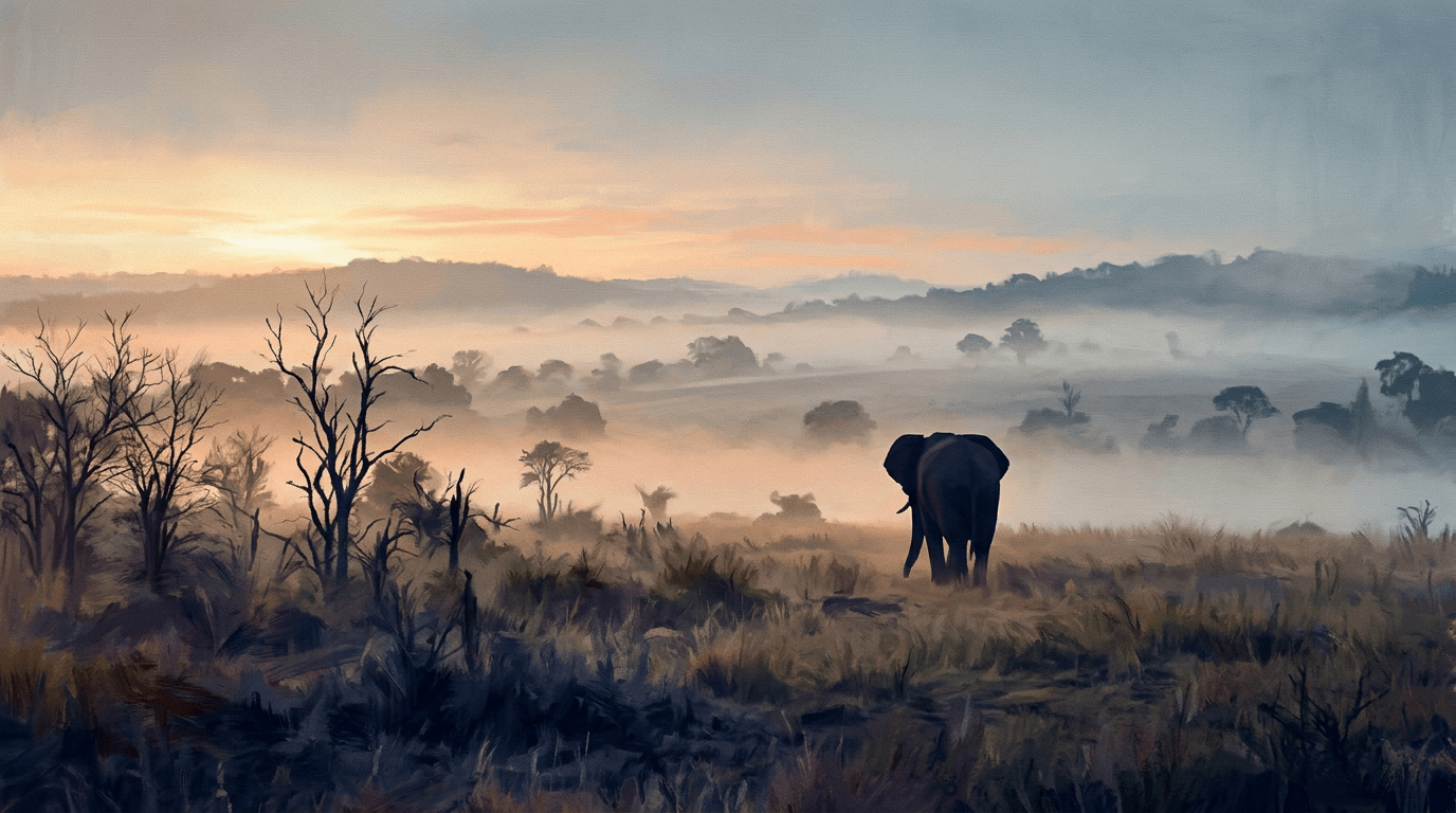 Elephant standing on grassy savanna with mist and distant trees at sunrise