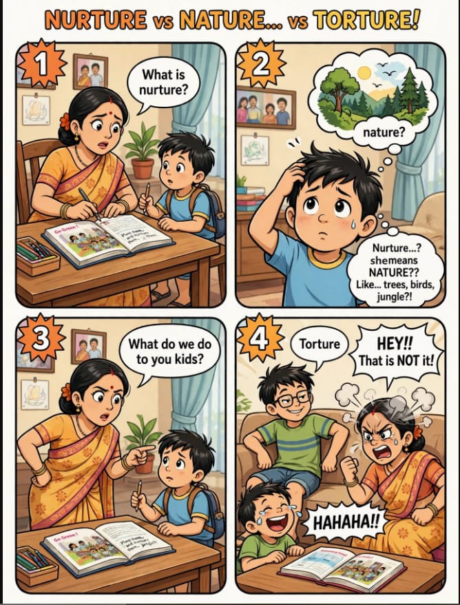 My Crazy Family cartoon episode 1 showing a humorous misunderstanding about nurture, nature, and torture