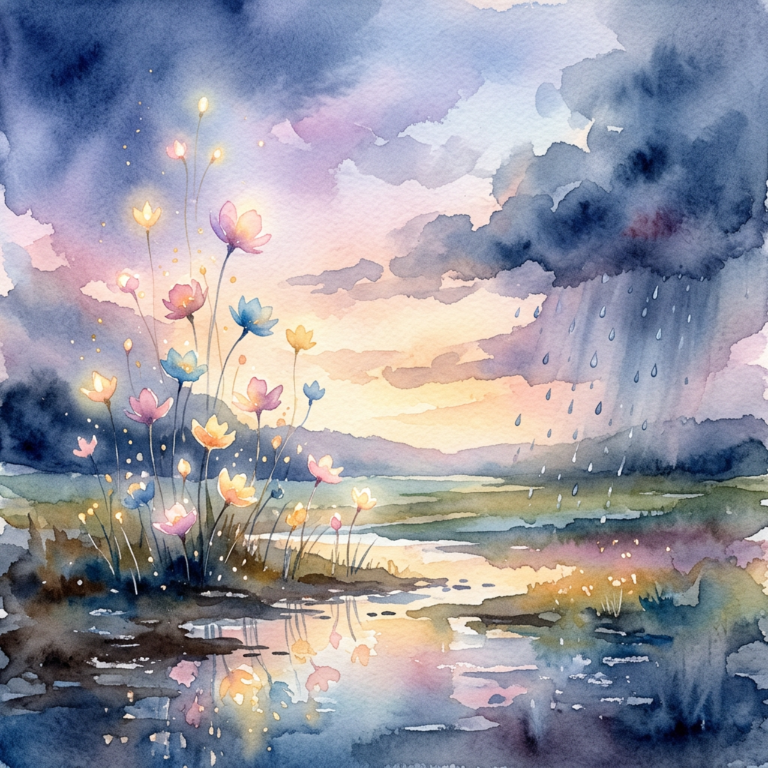 Raindrops transforming into glowing flowers